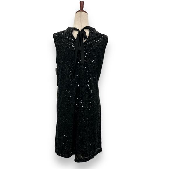 NEW Kensie Black Sequin Shift Dress Size 4 Satin Bow Tie Back Mini Cocktail LBD - Picture 8 of 11